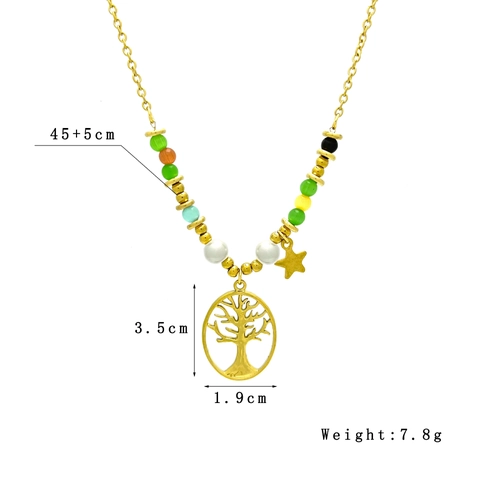 Tree Of Life Pendant Necklace Women Stainless Steel 18K Gold Plated Cat Eye Stone Artificial Pearl Colorful Beads Star Charm Jewelry