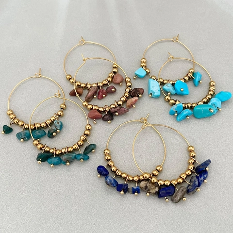 Boucles D Oreilles Créoles Bohèmes Pierres Naturelles Acier Inoxydable Perles Dorées Style Ethnique Géométrique Pour Femmes