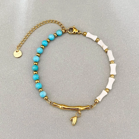 Handgemachtes Türkis Perlenarmband Mit Edelstahl Bambusrohr Blattanhänger Retro Asymmetrischer Schmuck Für Damen