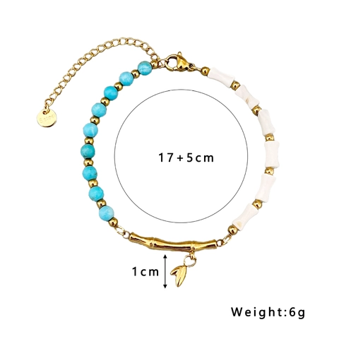 Handgemachtes Türkis Perlenarmband Mit Edelstahl Bambusrohr Blattanhänger Retro Asymmetrischer Schmuck Für Damen