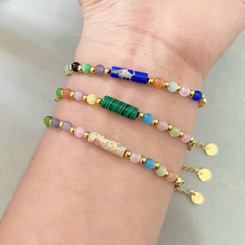 Perlenarmband 18K Vergoldeter Edelstahl Natur Malachit Katzenauge Stein Retro Böhmisch Geometrisch Zylinder Damen Schmuck