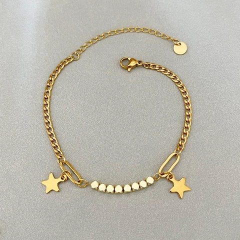 Pulsera Con Amuleto De Estrella Chapado En Oro De 18K Acero Inoxidable Cuentas Cuadradas Minimalista Elegante Vintage Ajustable