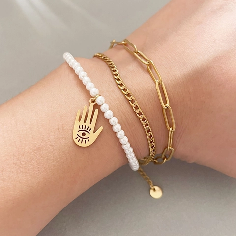 Mehrlagiges Armband Mit Hamsa Hand Anhänger Böser Blick Edelstahl Vergoldet Künstliche Perlenimitat Vintage Schmuck Für Damen