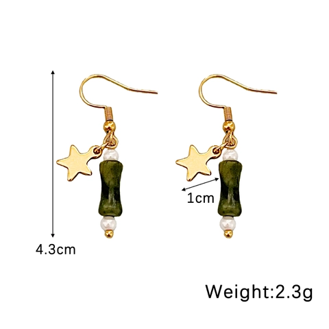 Orecchini Pendenti Vintage Acciaio Inossidabile Ganci Dorati Künstliche Perle Di Pietra Bambù Verde Künstliche Perle Bianche Gioielli Donna