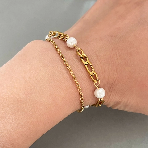 Zweilagiges Künstliche Perlenarmband Für Damen Edelstahl 18K Vergoldet Figaro Kette Minimalistischer OT Knebelverschluss Schmuck