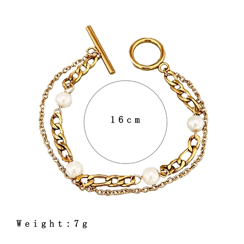 Zweilagiges Künstliche Perlenarmband Für Damen Edelstahl 18K Vergoldet Figaro Kette Minimalistischer OT Knebelverschluss Schmuck