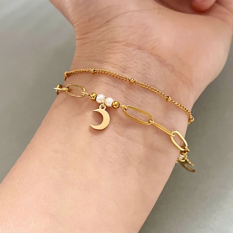 Double Layer Crescent Moon Pendant Bracelet Stainless Steel With White Artificial Pearls Paperclip Chain Fashion Jewelry For Women