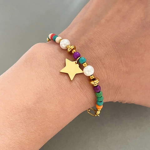 Bracciale Di Perline Colorate Acciaio Inossidabile Con Perla Artificial Imitazione Ciondolo Stella Pentagramma Gioielli Stile Bohemia