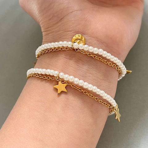 Vintage Double Layer Stainless Steel Bracelet With Artificial Pearl And Star Disc Charms 18K Gold Plated Minimalist Jewelry For Women