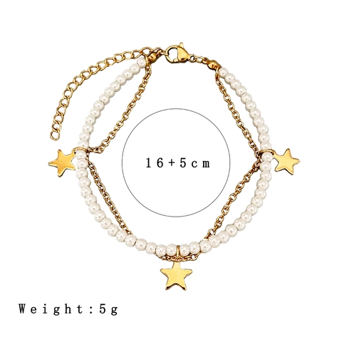 Vintage Double Layer Stainless Steel Bracelet With Artificial Pearl And Star Disc Charms 18K Gold Plated Minimalist Jewelry For Women