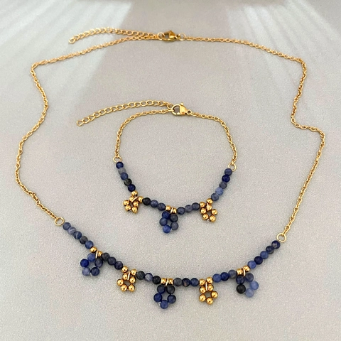 Moda Acciaio Inossidabile Pietra Venature Blu Collana Bracciale per Donna Placcato Oro Pendente Floreale Gioielli con Perline