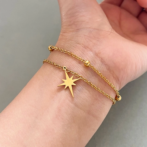 Double Layer Octagram Pendant Bracelet Titanium Steel Gold Plated Bead Chain Versatile Jewelry For Women