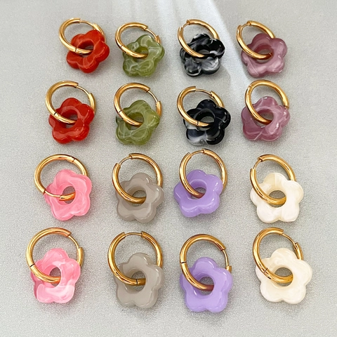 Orecchini a Cerchio in Resina a Forma di Fiore in Acciaio Inossidabile Placcato Oro Vintage Minimalista Gioielli Donna
