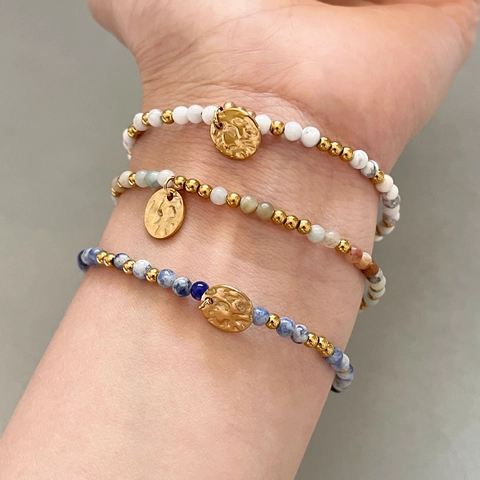Pulsera De Cuentas De Piedra Natural Acero Inoxidable Chapado En Oro De 18K Colgante Moneda Redonda Martillada Ajustable Joyería Mujer