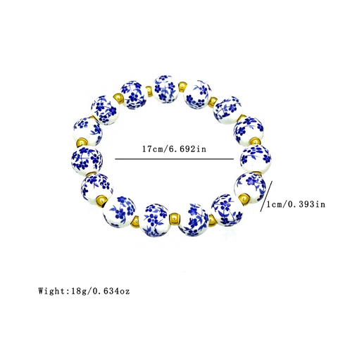 Bracciale Vintage in Perline di Ceramica Porcellana Blu e Bianca Acciaio Inossidabile Placcato Oro 18K Stile Cinese Gioielli Donna