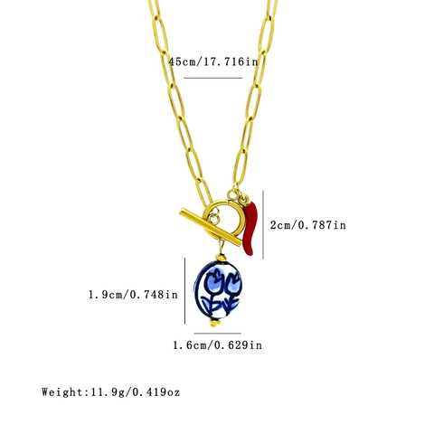 Roestvrijstalen Ketting Met Rode Chili Hanger En Blauw Witte Bloem Keramische Kraal Gouden Paperclip Ketting Toggle Sluiting Dames