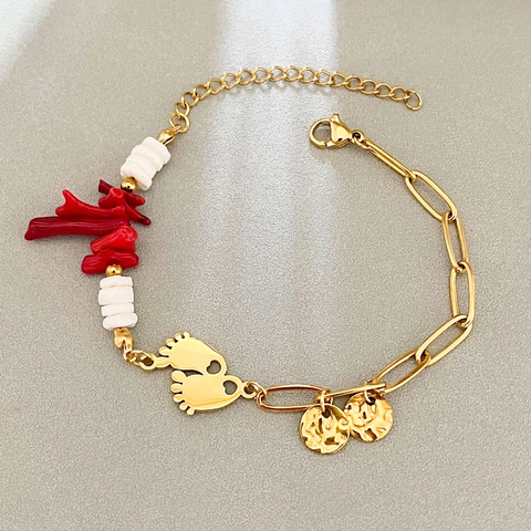 Stainless Steel Paperclip Chain Bracelet Golden Footprint Charm Faux Coral Branch Shell Bead Adjustable Jewelry Women