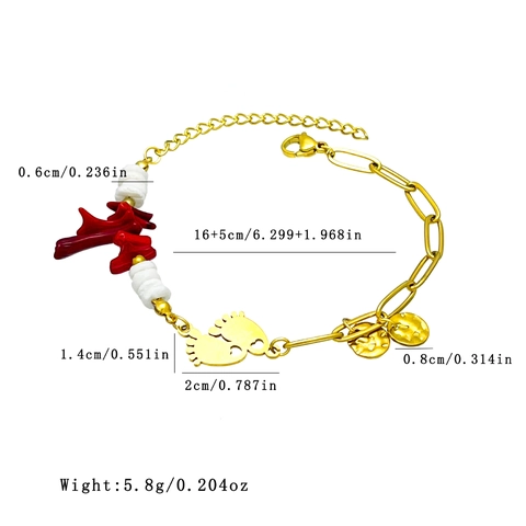 Stainless Steel Paperclip Chain Bracelet Golden Footprint Charm Faux Coral Branch Shell Bead Adjustable Jewelry Women