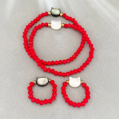 Red Artificial Crystal Beaded Bracelet And Ring With Natural Shell Cat Pendant Stainless Steel Elastic Fashion Jewelry