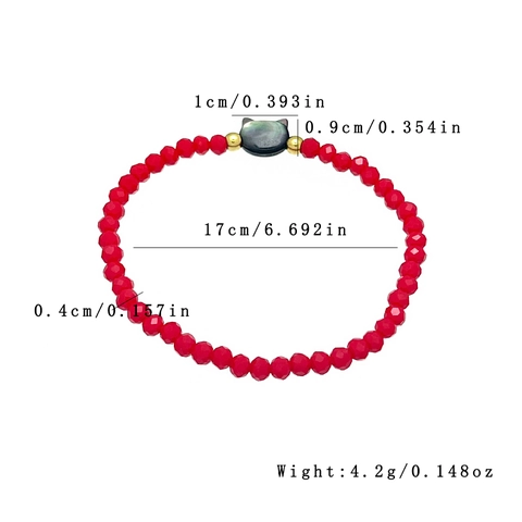 Red Artificial Crystal Beaded Bracelet And Ring With Natural Shell Cat Pendant Stainless Steel Elastic Fashion Jewelry