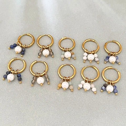 Orecchini a Cerchio Pendenti in Acciaio Inossidabile con Pietra Naturale e Perla Vintage Francese per Donna Gioielli