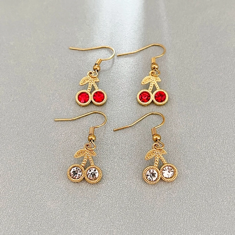 Elegant Stainless Steel Cherry Dangle Earrings With Red White Rhinestone Sweet Fruit Drop Jewelry For Women