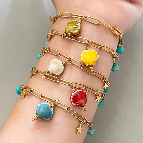 Bracciale Acciaio Inossidabile Donna Ciondoli Conchiglia Ceramica Stella Pietra Turchese Boho Gioielli Spiaggia
