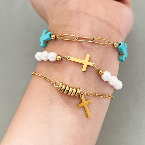 Stainless Steel Cross Bracelet With Imitation Artificial Pearl And Turquoise Beads Vintage Minimalist Fashion Jewelry For Women