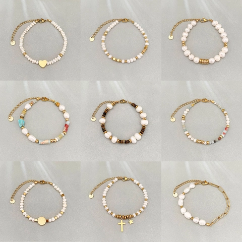 Bracciale Di Perle Naturali D'acqua Dolce Acciaio Inossidabile Placcato Oro 18K Per Donna Pendente Cuore Croce Stella Gioielli Eleganti