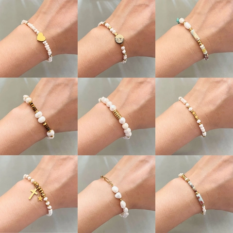 Bracciale Di Perle Naturali D'acqua Dolce Acciaio Inossidabile Placcato Oro 18K Per Donna Pendente Cuore Croce Stella Gioielli Eleganti
