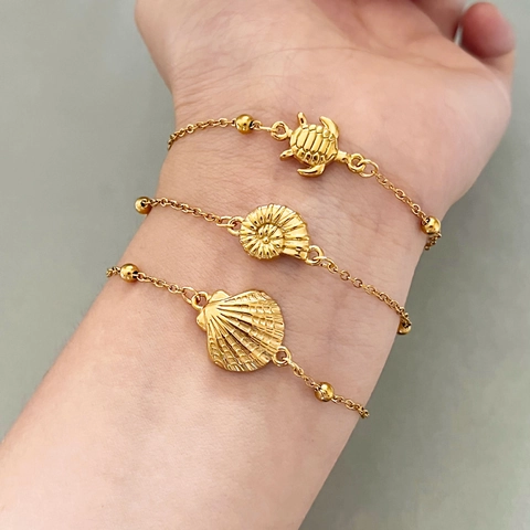 Bracciale In Acciaio Inossidabile 304 Tema Oceano Placcato Oro Tartaruga Conchiglia Ciondoli Spiaggia Vacanza Gioielli Boho