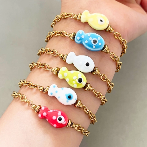 Fish Pendant Bracelet Stainless Steel 18K Gold Plated Ceramic Polka Dot Evil Eye Tropical Ocean Style For Women