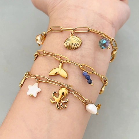 Gold Plated Stainless Steel Ocean Bracelet With Starfish Shell Seahorse Charms Faux Artificial Pearl Glass Beads Boho Jewelry For Women