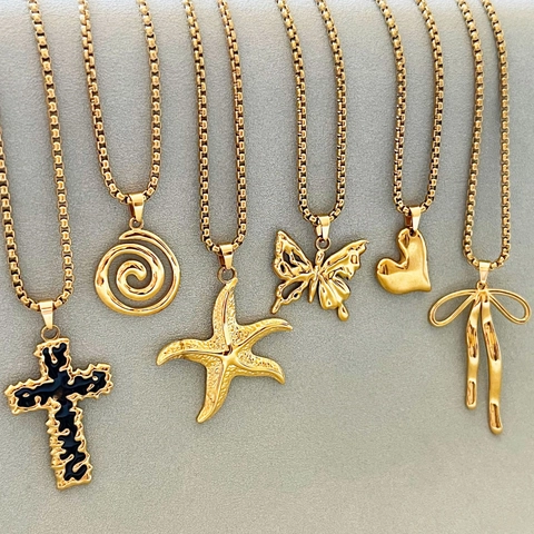 French Retro Stainless Steel Pendant Necklace For Women Gold Plated Box Chain Heart Cross Starfish Butterfly Bow Spiral Pendant Jewelry Gift