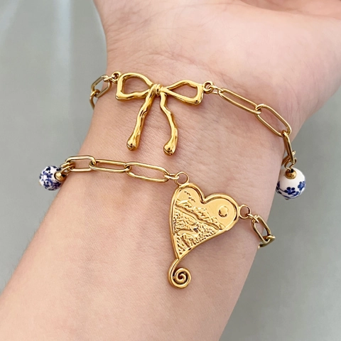 Pulsera De Acero Inoxidable Con Dijes Lazo Corazón Perla Cerámica Azul Blanca Bañado En Oro Cadena De Clip Ajustable Mujeres