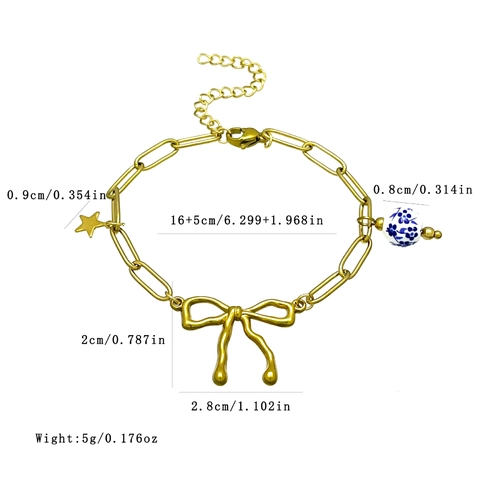 Pulsera De Acero Inoxidable Con Dijes Lazo Corazón Perla Cerámica Azul Blanca Bañado En Oro Cadena De Clip Ajustable Mujeres