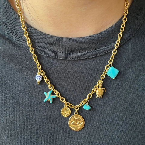 Stainless Steel Charm Necklace With Turquoise Ceramic Beads Sea Turtle Evil Eye Sun 18K Gold Plated Bohemian Vintage