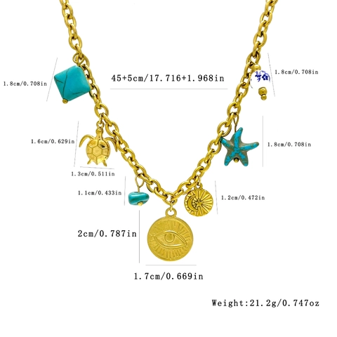 Stainless Steel Charm Necklace With Turquoise Ceramic Beads Sea Turtle Evil Eye Sun 18K Gold Plated Bohemian Vintage