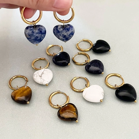 Orecchini a Cuore in Pietra Naturale in Acciaio Inossidabile Placcato Oro 18K Orecchini a Cerchio a Cuore per Donna