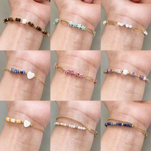 Pulsera de Empalme de Piedra Natural de Acero Inoxidable Chapado en Oro 18K Colgante de Corazón Estrella Joyería para Mujer