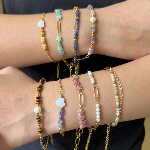 Pulsera de Empalme de Piedra Natural de Acero Inoxidable Chapado en Oro 18K Colgante de Corazón Estrella Joyería para Mujer