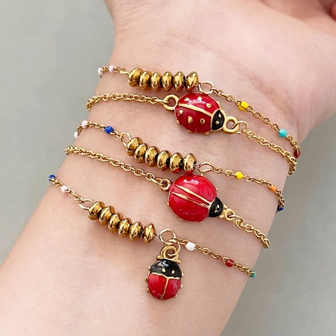 Ladybug Charm Bracelet For Women 18K Gold Plated Stainless Steel Enamel Colorful Beaded Double Layer Jewelry