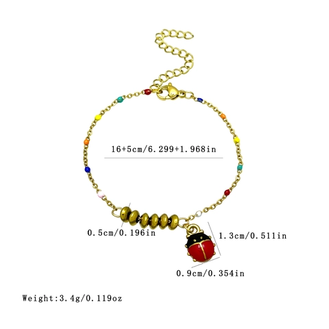 Ladybug Charm Bracelet For Women 18K Gold Plated Stainless Steel Enamel Colorful Beaded Double Layer Jewelry
