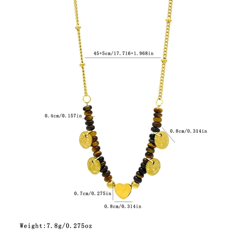 Vintage Tiger Eye Stone Stainless Steel Necklace For Women Heart Fish Tail Religious Coin Pendant Beaded Retro Jewelry