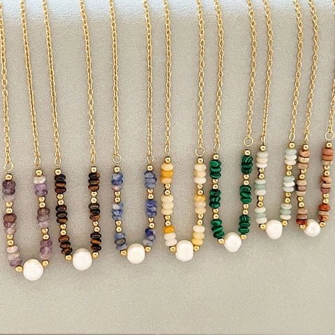 18K Gold Plated Stainless Steel Necklace With Natural Stone Abacus Beads And Artificial Baroque Pearl Bohemian Jewelry For Women