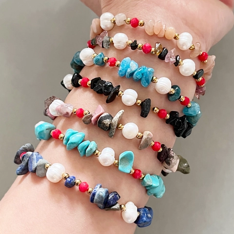 Bracciale in Acciaio Inossidabile Bohemienne Pietra Naturale Perla d'Acqua Dolce Patchwork Catena Regolabile Gioielli Donna