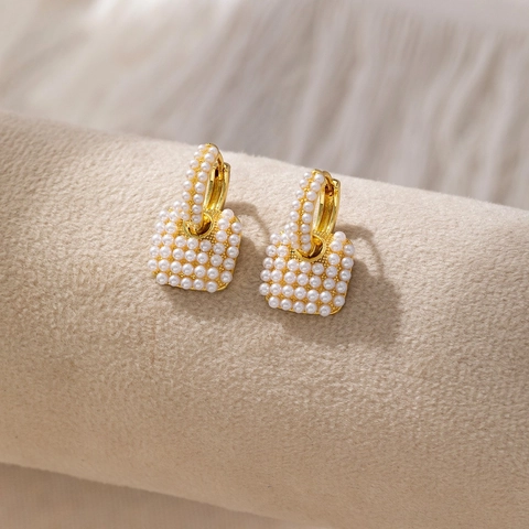 Heart Square Faux Artificial Pearl Encrusted Copper Hoop Earrings French Elegant Luxury Style For Women