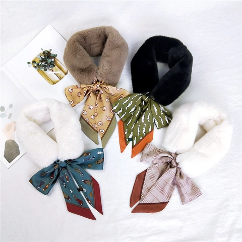 Winter Halswärmer Schal Kunstpelz Plüsch Mit Bedrucktem Satinband Schleife Dick Warm Elegant Dekoperativ Für Damen