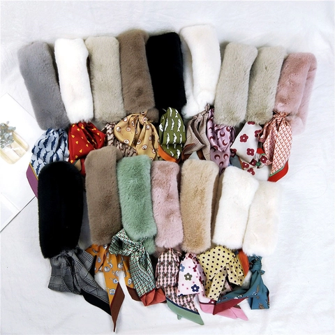 Winter Halswärmer Schal Kunstpelz Plüsch Mit Bedrucktem Satinband Schleife Dick Warm Elegant Dekoperativ Für Damen