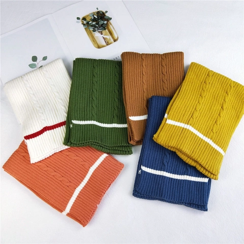 Solid Color Cable Knit Scarf Thick Warm Ribbed Winter Neck Warmer With Contrast Stripe For Women And Men Casual Style